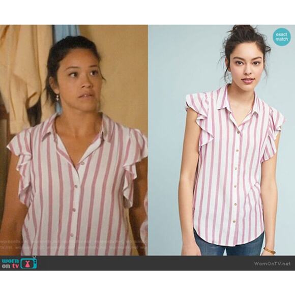 Anthropologie Maeve Fairhope Striped Button Down Rose Pink / White Size S - Picture 1 of 8